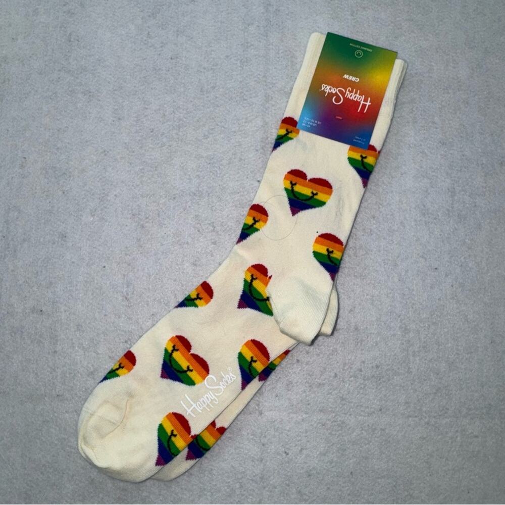 NWT Happy Socks Crew Rainbow Hearts Pride Organic Cotton M 8-12/W 10-12.5